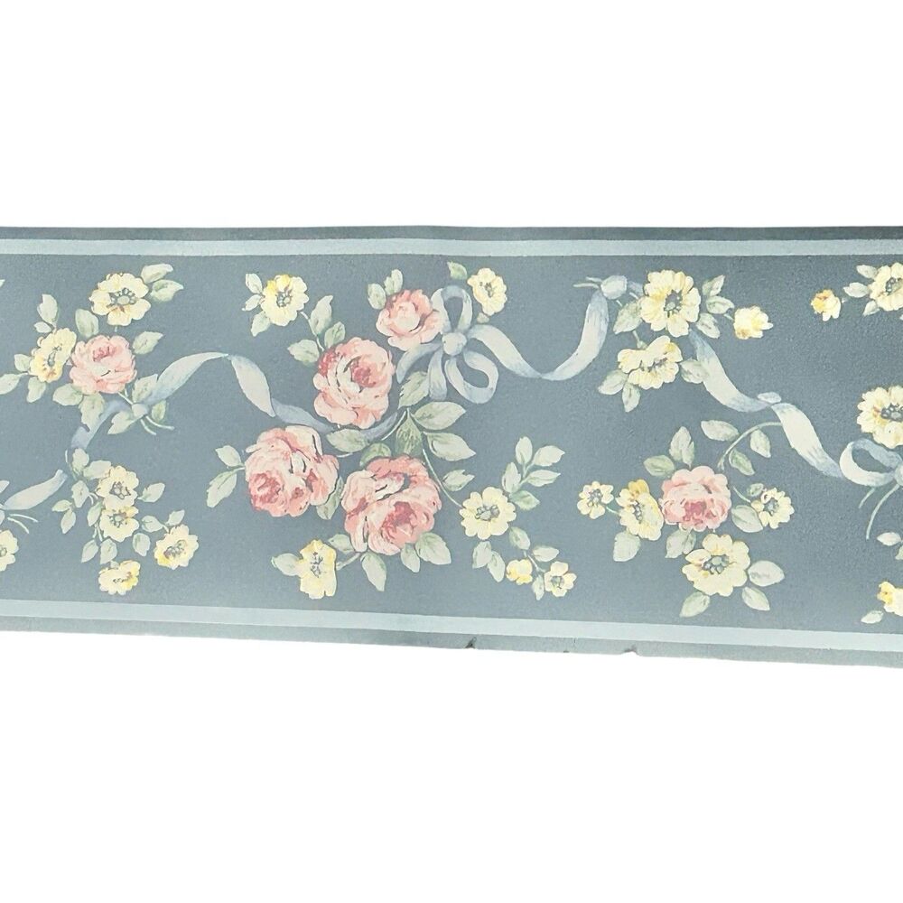 Vintage Thomas Strahan Floral Wallpaper Border Blue Roses Ribbon 5 Yards USA NOS